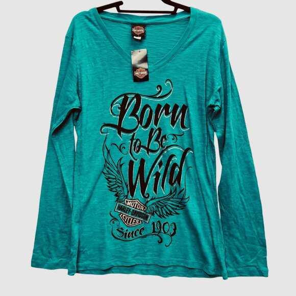 Harley Davidson Women's V-Neck T-Shirt, Size XL, Born to Be Wild, Jade Teal NEW - Picture 1 of 8